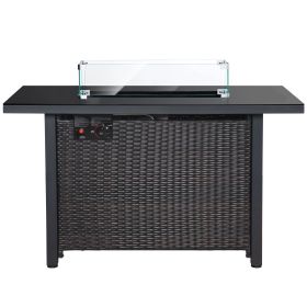 43&ldquo; L x 22&quot; W x 25&quot; H Rattan Propane Outdoor Fire Pit Table with Lid; 50000 BTU Gas Firepit with Blue Glass Beads and Glass Wind Guard